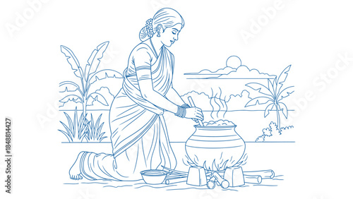 Vector blue line art illustration of an Indian woman in traditional saree cooking Pongal rice in a clay pot outdoors, harvest festival scene with banana trees