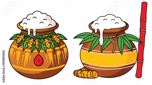 Decorated Pongal Pots with Sugarcane Symbolizing Harvest Abundance and Tamil Festival Celebration