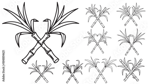 Vector set of linear outline sugarcane stalks for Pongal and Sankranti, decorative black and white harvest plant icons with heart shaped arrangements