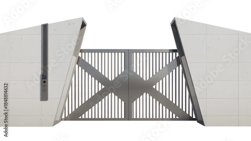 Modern Metal Gate with Vertical Bars and Intercom Panel on White Wall