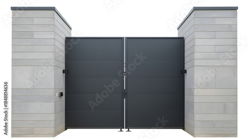 Modern Gray Metal Gate Between Light Gray Stone Pillars
