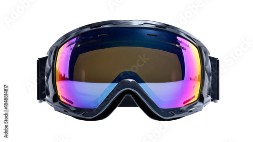 Ski goggles with purple and orange lens isolated on white background, snowboard mask, winter sport equipment, protective eyewear cutout.