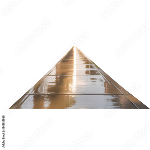Wet sidewalk reflecting sunlight on a quiet street