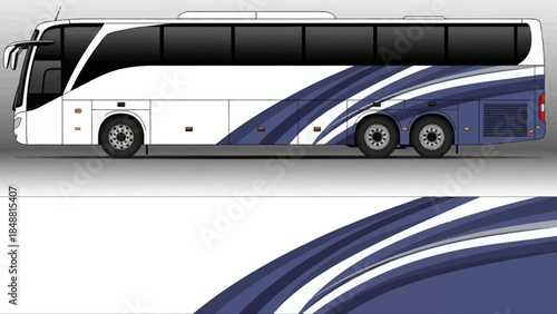 Modern white and blue passenger coach bus with curved graphic stripes and sleek design.