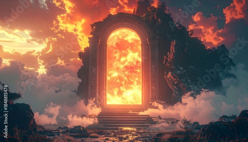 Stone archway amidst clouds, bathed in fiery orange light, resembling a portal to another dimension or afterlife
