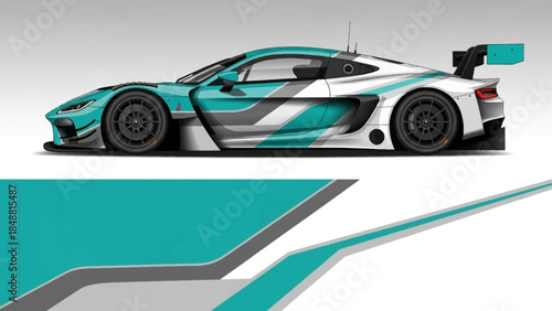 Sleek teal and white race car with aerodynamic styling on a geometric track-inspired background.