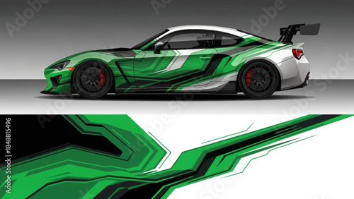 Sleek green race car with bold graphics and aerodynamic design on a vivid backdrop.