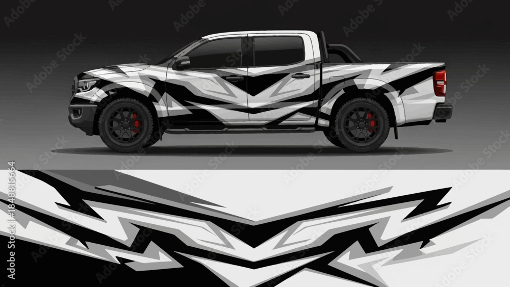 Fototapeta premium Sleek pickup truck with bold black and white abstract wrap design.