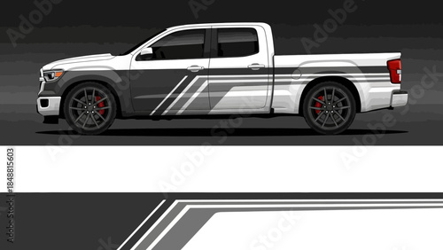 Bold custom pickup truck with racing stripes and graphic livery on sleek dark design.