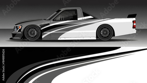 High-contrast stylized race car with bold white and gray graphics and sleek curves.
