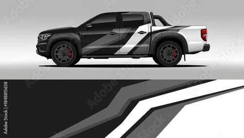 Side view of a black pickup truck with bold white and gray graphic stripes.