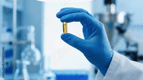 Close-up of a scientist's hand in a blue glove holding a yellow capsule. Pharmaceutical laboratory background with glassware. Medical research and drug development concept