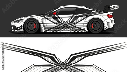 Monochrome racing car silhouette with abstract graphic lines and dynamic design.