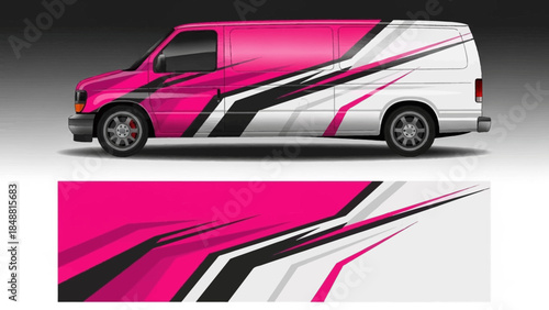 Pink and White Vinyl Wrapped Van with Bold Stripes and Modern Graphic Design.