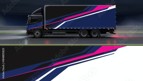 Blue and purple striped semi truck speeding along a night highway with dynamic motion.