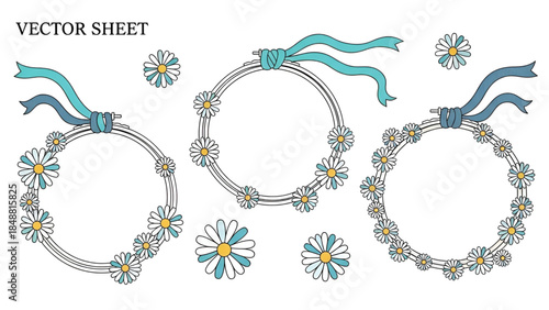 Whimsical daisy floral wreaths with ribbons vector illustration set
