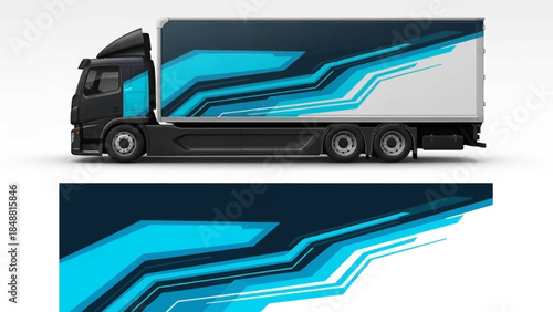 Blue futuristic graphic tractor-trailer on highway with sleek patterned design.