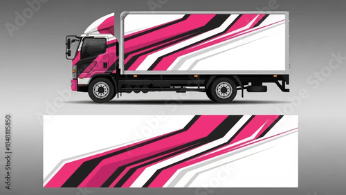 Vivid pink diagonal striped trailer on a cargo truck with bold graphic design and modern livery.