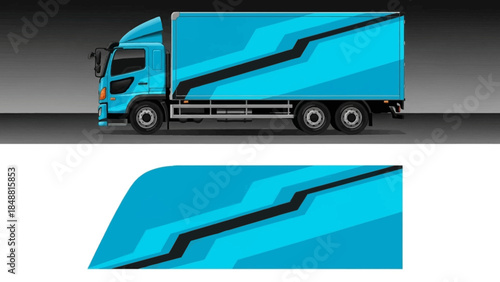 Sleek blue truck trailer featuring bold graphic design and modern stripes.