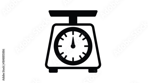Black and white silhouette icon of a vintage analog kitchen scale used for weighing ingredients, food, or measuring mass.