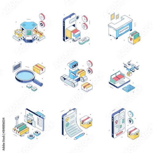 Grab this handy collection of logistics and delivery isometric illustrations