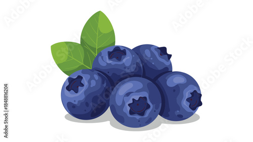 Bunch of fresh, ripe blueberries with green leaves, illustrated in a vibrant cartoon style and isolated on a white background.