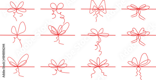 A doodle gift bow. Simple red bows strung on a string and tied in a knot for a gift. A minimalist line art vector illustration perfect for Christmas and holiday decorations, birthdays