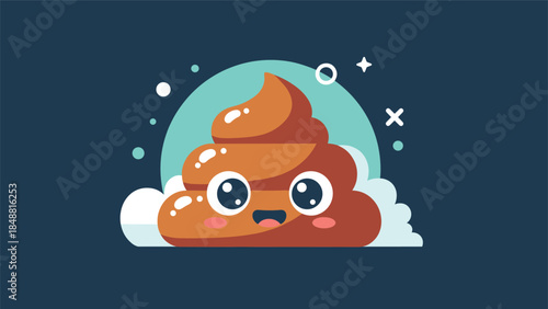 Adorable kawaii poop emoji character with big cute eyes and a happy smile, illustrated in a flat, modern vector art style.