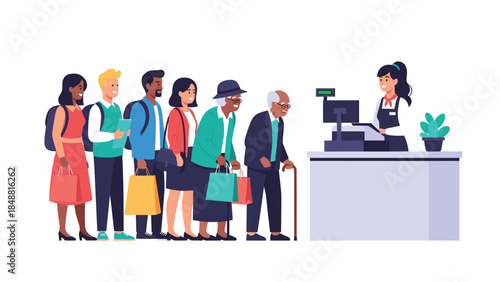 Diverse group of people, including young and elderly, waiting in a long line at a supermarket checkout with a cashier.