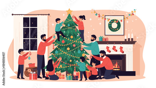 Large, happy multi-generational family gathering together to decorate a Christmas tree in a cozy, festive living room.