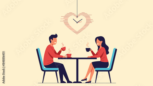 Happy romantic couple on a date in a cafe, drinking coffee and talking, with a heart-shaped clock symbolizing timeless love.
