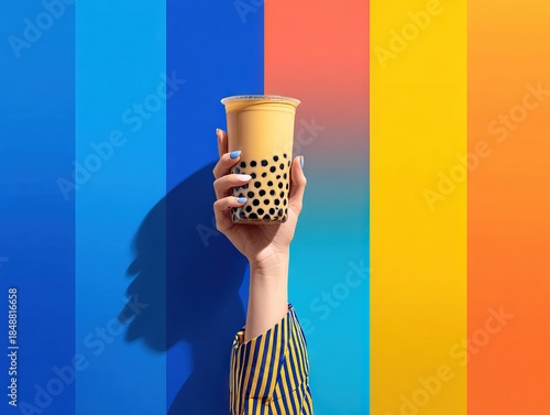 Hand Holding Bubble Tea with Tapioca Pearls Against Bold Color Block Background Creating Playful Modern Beverage Branding and Youthful Style