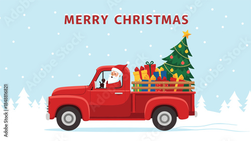 Santa Claus driving a vintage red truck loaded with a Christmas tree and presents through a snowy winter landscape with trees.