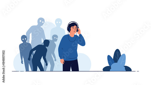 Man wearing headphones to block out the world, with shadowy figures behind him representing social anxiety or paranoia.