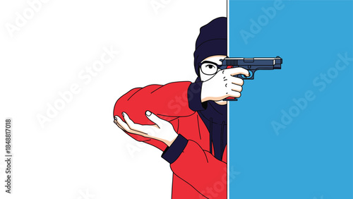Man in a beanie and red jacket hiding behind a wall and aiming a pistol, depicted in a pixel art or vector style illustration.