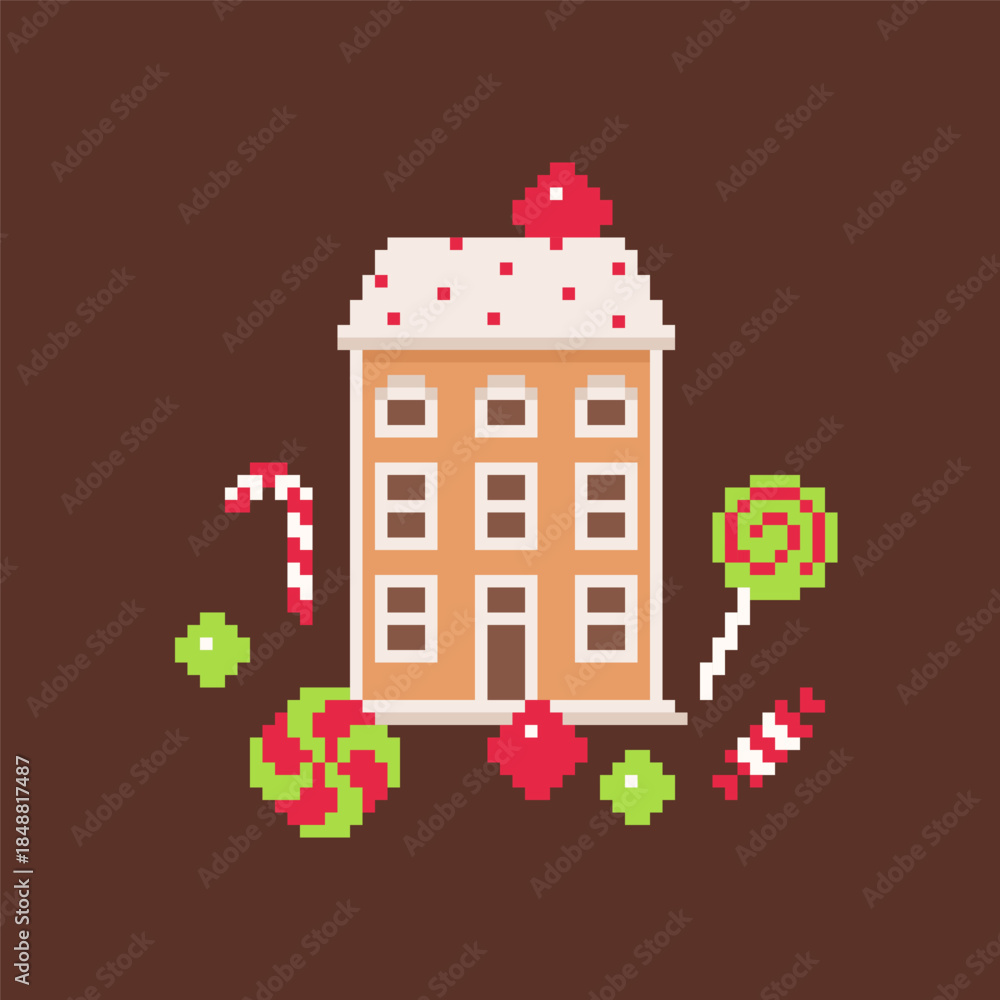 Fototapeta premium Gingerbread Candy House Illustration with Sweet Christmas Treats in Pixel Art Style