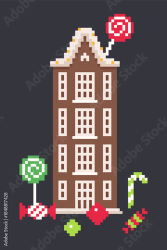 Tall Gingerbread Cookie Building Illustration with Icing Roof and Candy