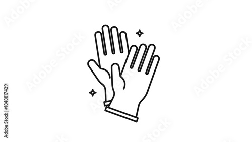 Minimalist line art icon of a pair of clean, sparkling rubber gloves for cleaning, washing, or medical protection purposes.