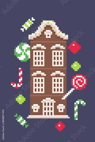 Tall Gingerbread Candy House Illustration with Christmas Sweets in Pixel Art