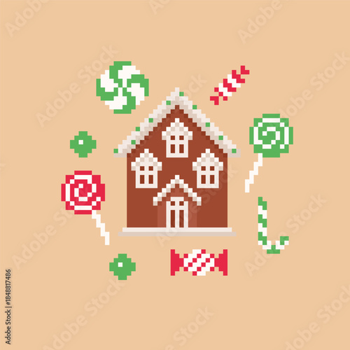Gingerbread Cookie House Illustration Surrounded by Colorful Candy Sweets