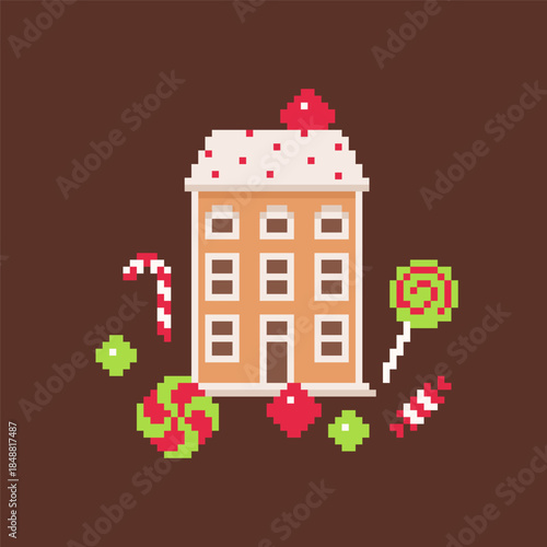 Gingerbread Candy House Illustration with Sweet Christmas Treats in Pixel Art Style