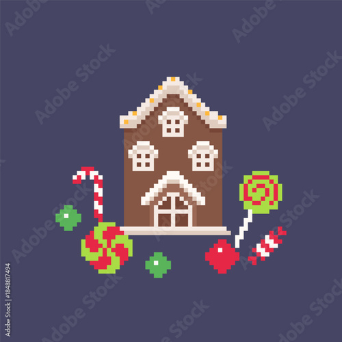 Gingerbread Candy Cottage Illustration with Christmas Sweets in Pixel Style