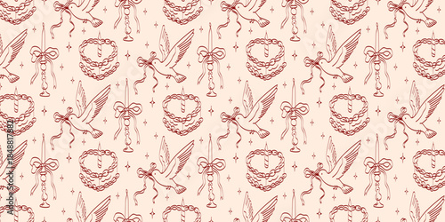 Hand-drawn coquette wedding pattern. Vintage ribbons and bows in crayon sketch style. Seamless, romantic background for Valentine's Day and invitations.