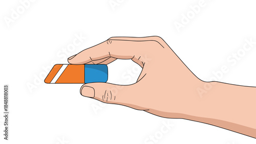 Hand holding a classic orange and blue eraser, ready to correct a mistake, illustrated in a simple cartoon line art style.