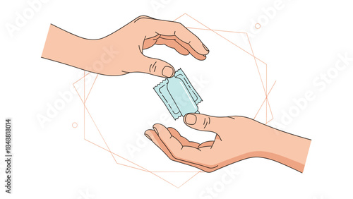Two hands exchanging a condom in a sealed wrapper, illustrating concepts of safe sex, contraception, and sexual health.