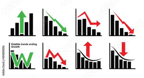 Business Growth and Decline Infographic with Bar Graphs and Arrows