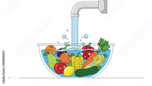 Fresh fruits and vegetables being washed in a glass bowl under running tap water to ensure food safety and cleanliness.