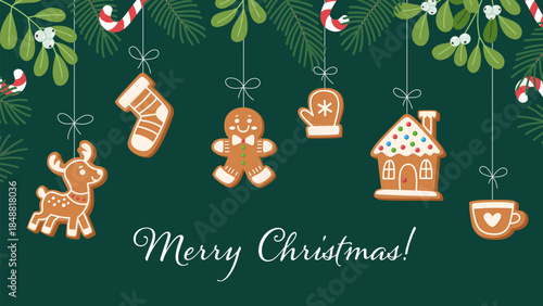 Christmas background with hanging gingerbread cookies and festive decorations, mistletoe, and candy canes.