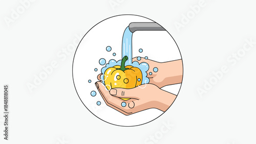 Hands carefully washing a yellow bell pepper under a stream of running water from a tap, promoting food hygiene and safety.