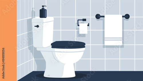 Modern bathroom interior with a white toilet, toilet paper, towel rack, and blue tiled walls in a clean flat design.